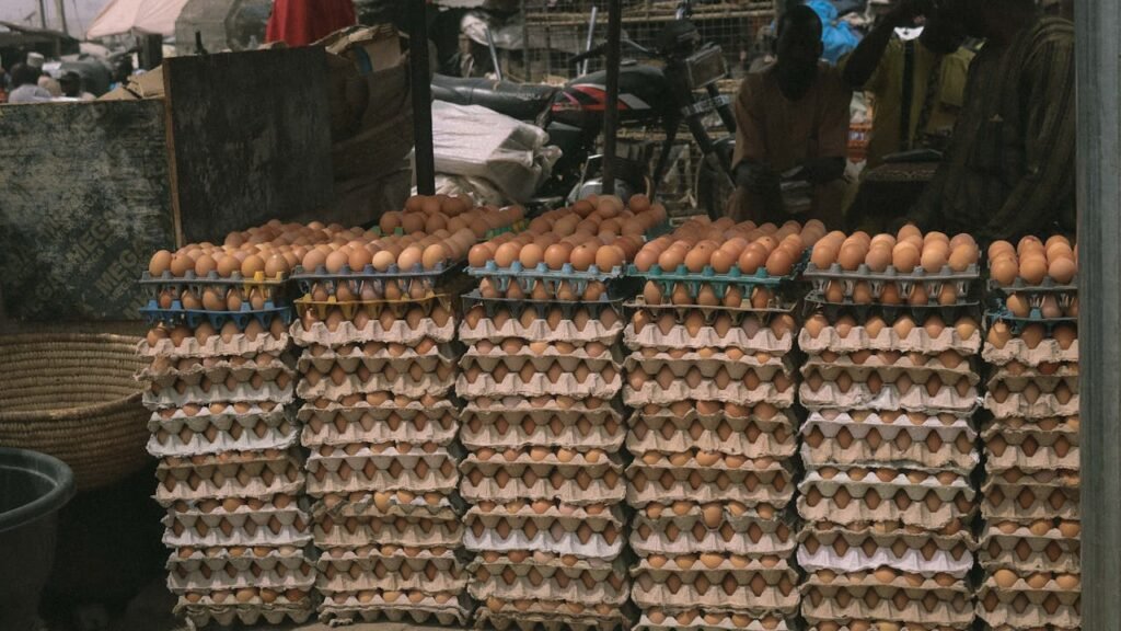 Stacks of fresh eggs on display at an outdoor Nigerian market in Kaduna, showcasing local commerce.